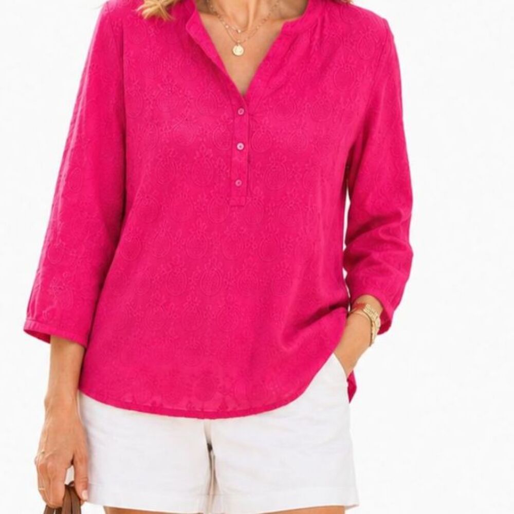 Talbots Pinapple party pink embroidered  blouse top Womens Size Large